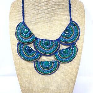 VTG Handmade Chrysocolla Bib Collar Necklace Crochet Beaded India Ethnic Tribal